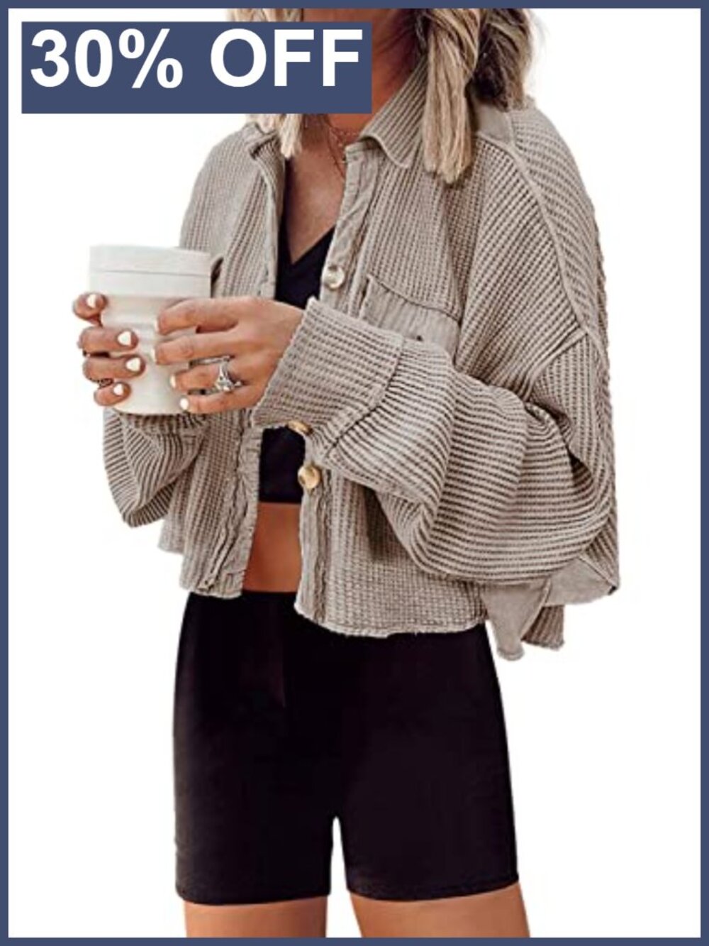 Waffle Knit Cropped Shacket Button Down Batwing Sleeve Loose Fit